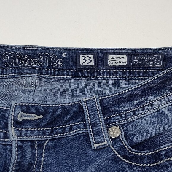 Miss Me Signature Cuffed Skinny Low-Rise Jeans Sz 33 Denim Embroidered JP7680CK2 - Picture 3 of 9
